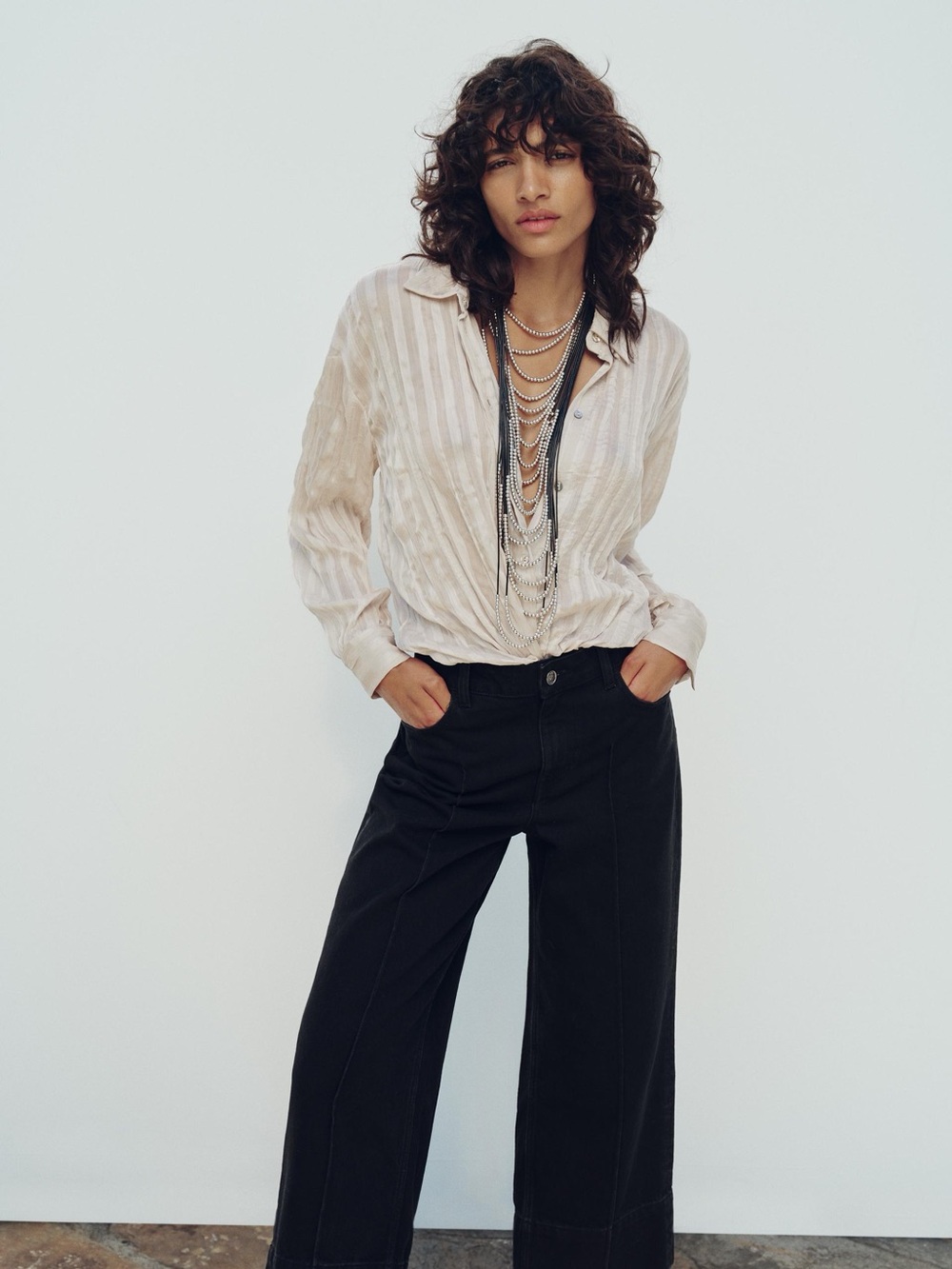 Zara Ecru Striped Button-Down Shirt